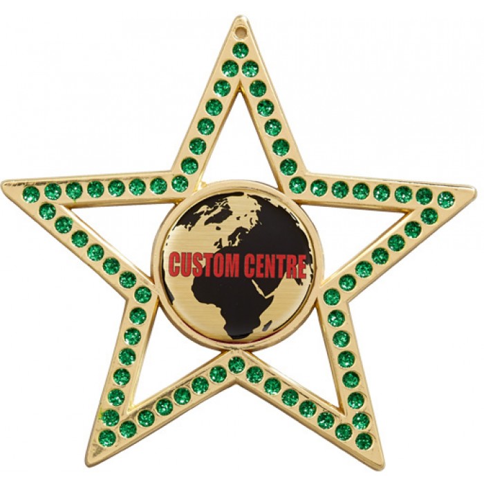 CUSTOM CENTRE GREEN STAR MEDAL -  75MM - GOLD, SILVER OR BRONZE